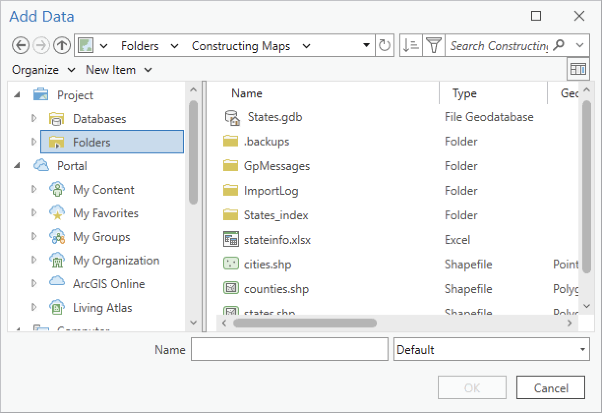 The Add Data file dialog, showing the Project folders and other online sources.