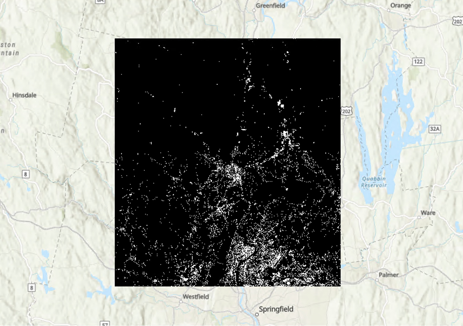 A two-color image of impervious surfaces in the Amherst area.