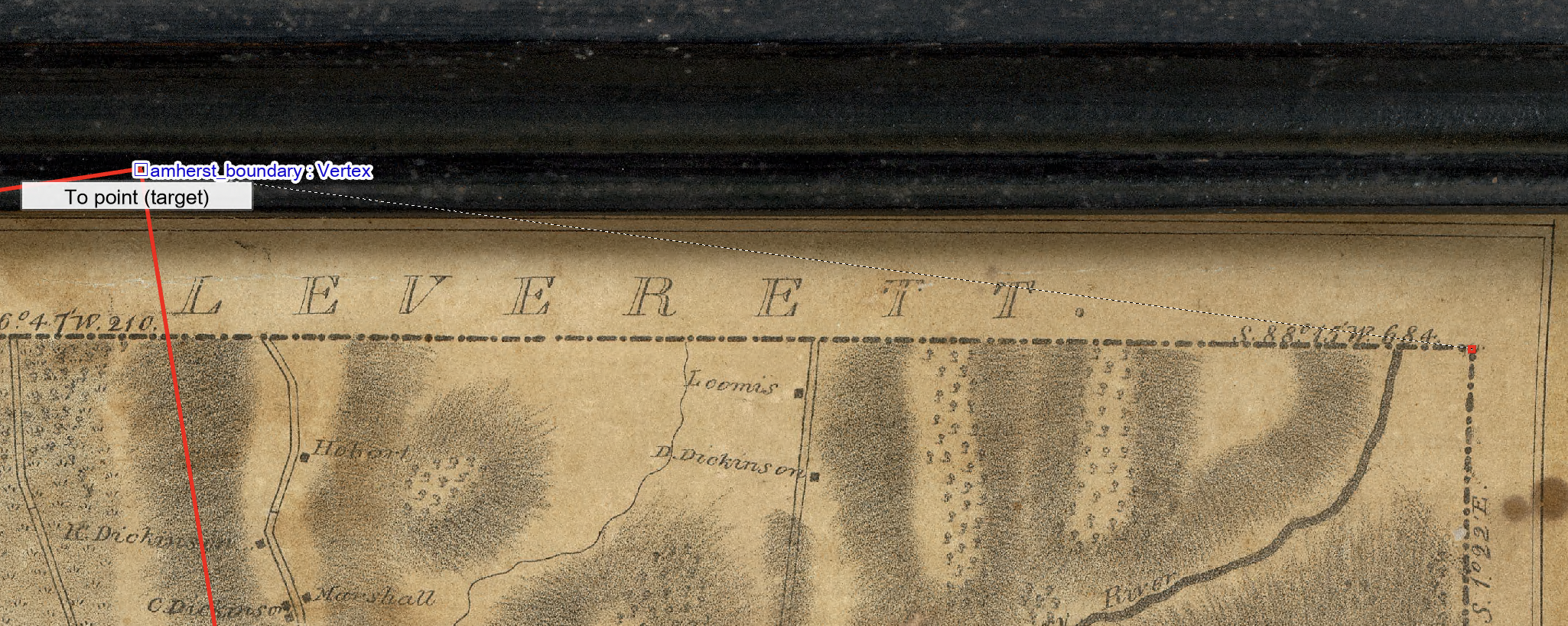 A portion of the 1833 map of Amherst showing the town’s boundary and a pair of control points.