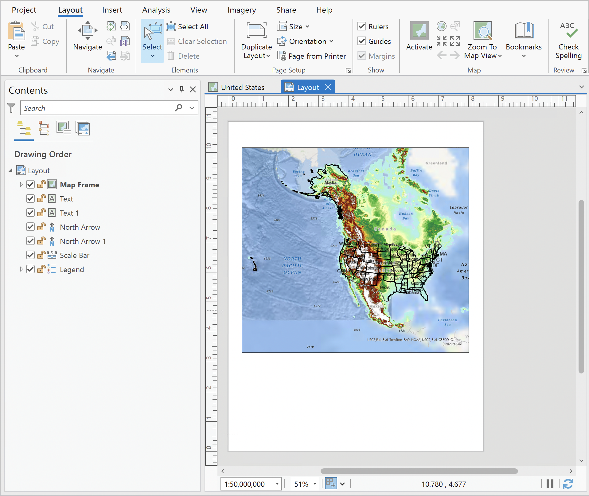 A pane showing a piece of paper surrounded by rulers, with another pane listing this layout.