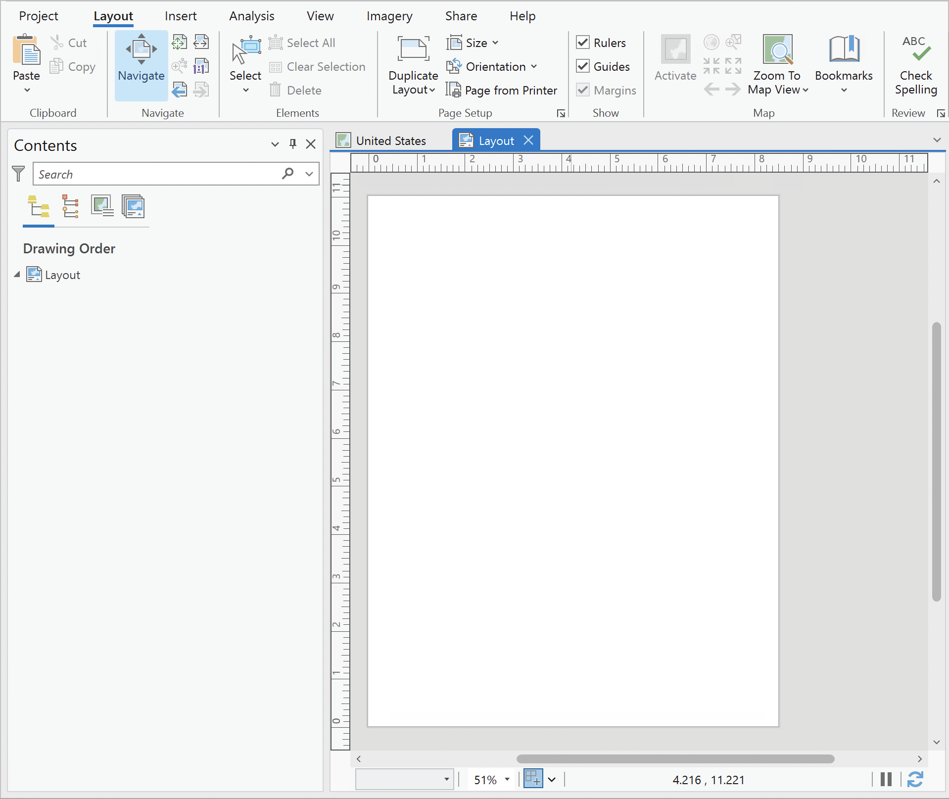 A pane showing a piece of paper surrounded by rulers, with another pane listing this layout.
